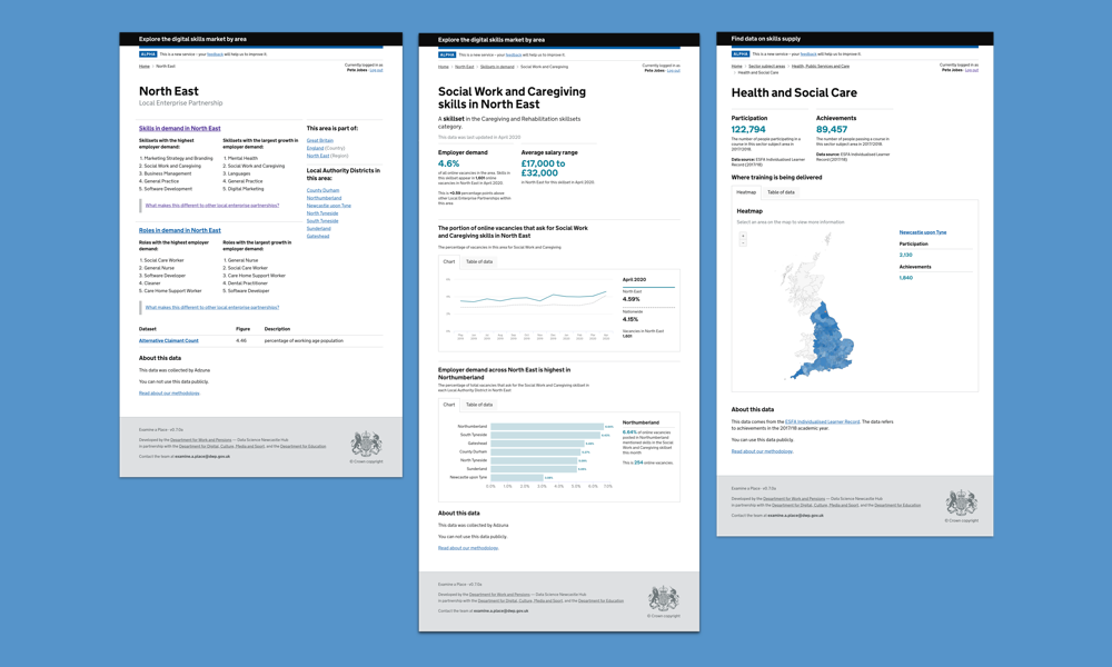 Three screen shots of a government service are shown on a blue background, the service is letting people look at data on local economies.